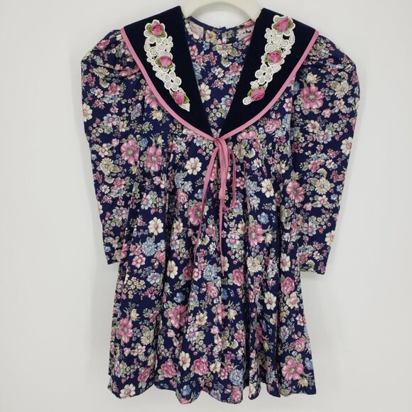 Vintage 80s 90s Floral Little Girls Dress Sz 5 Cottagecore Coquette Blue Pink